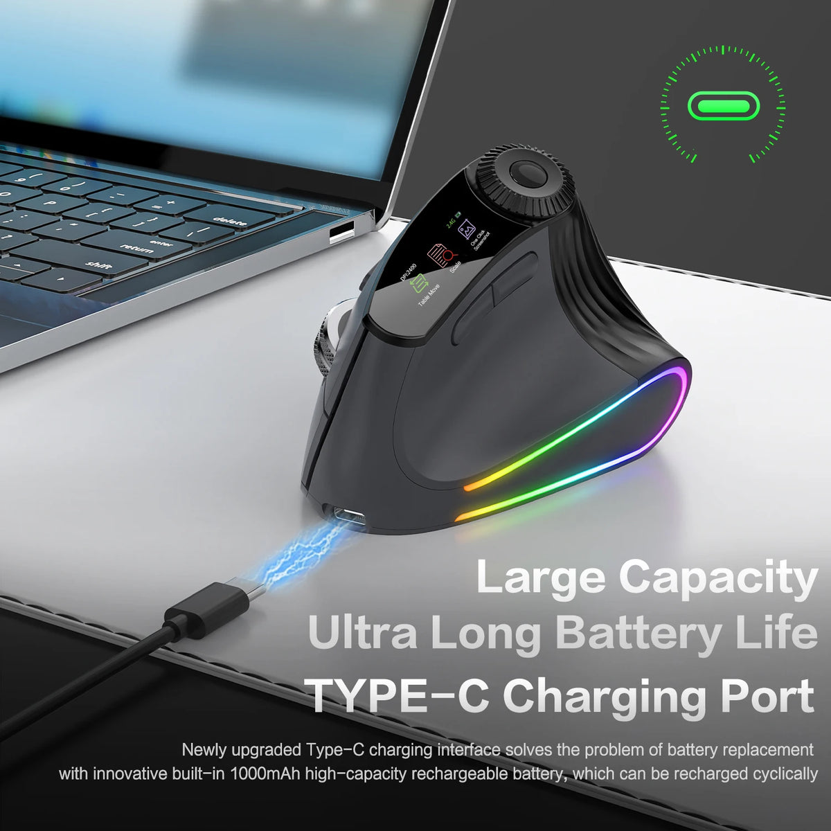 RGB Backlit Speed Roller Wireless Vertical Mouse with Function Adjustment Knob Bluetooth USB Ergonomic Mice Slient Click